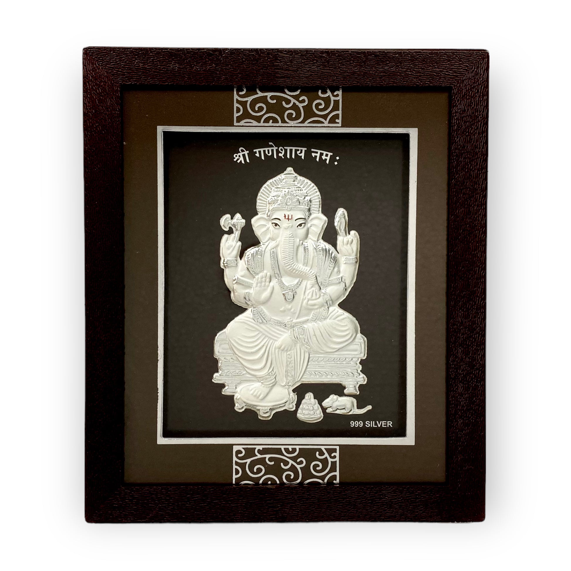 "Front view of exquisite 7x5 inch 999 pure silver Ganesh frame by Hem Jewels®."