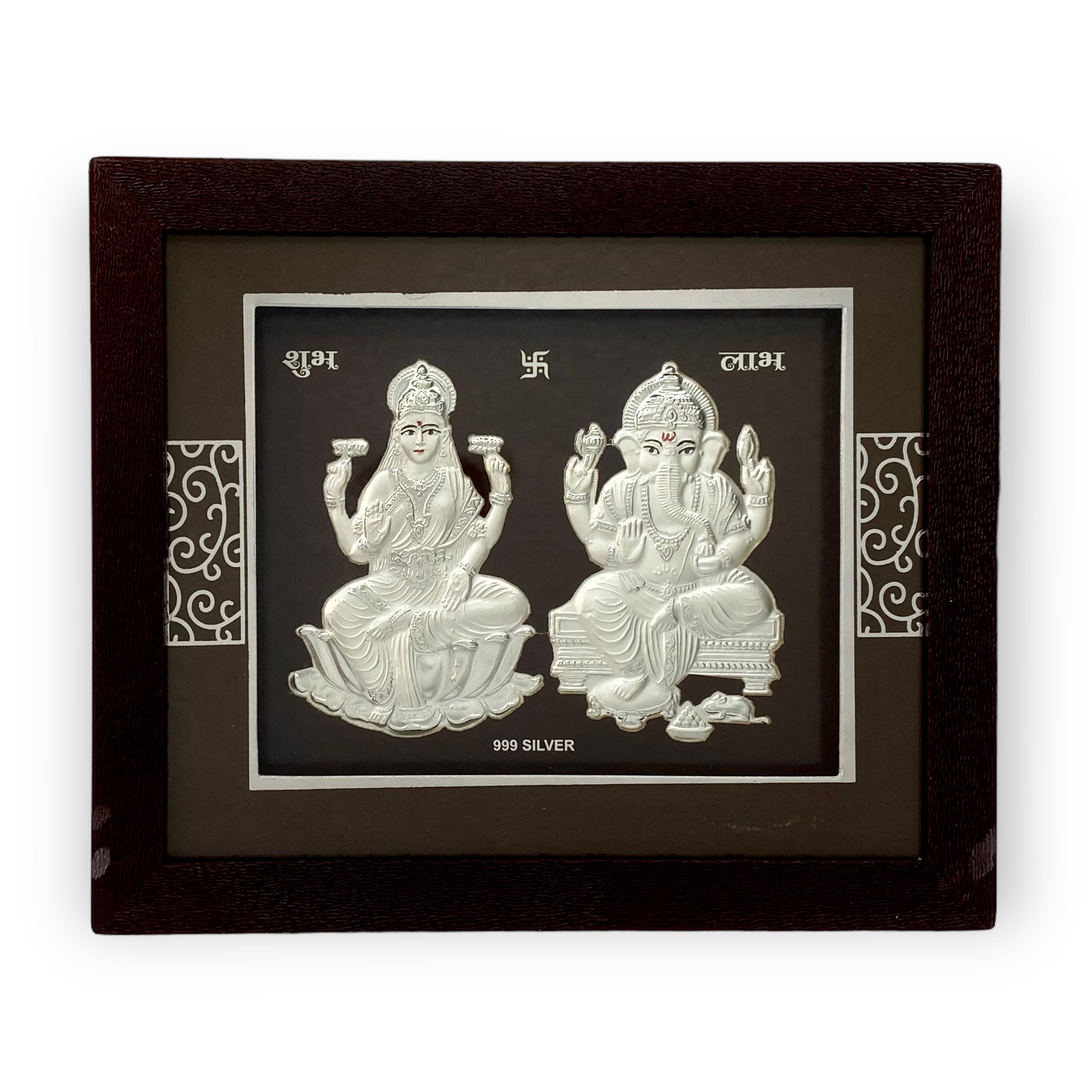 " Front view of exquisite 7x5 inch 999 pure silver Ganesh Laxmi frame by Hem Jewels®.	