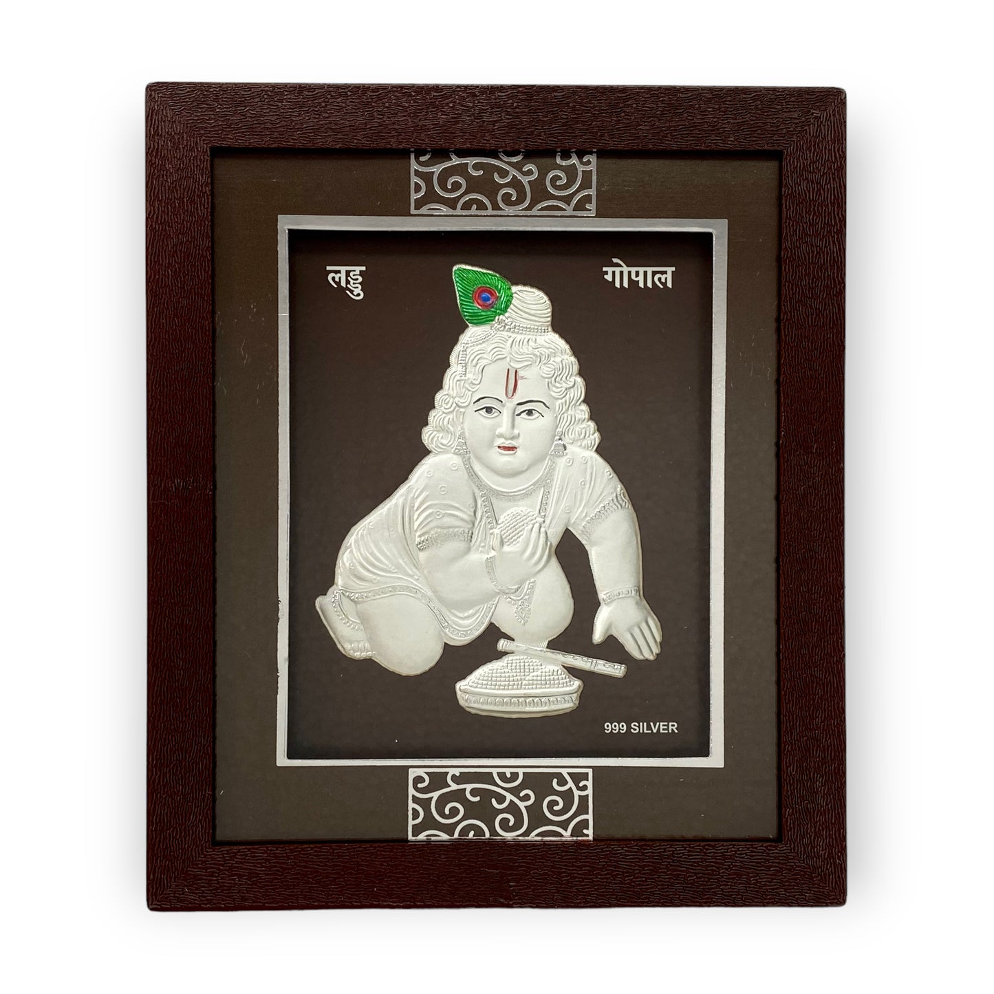 Front view of exquisite 7x5 inch 999 pure silver Laddu Gopal (Bal Krishna) frame by Hem Jewels®	