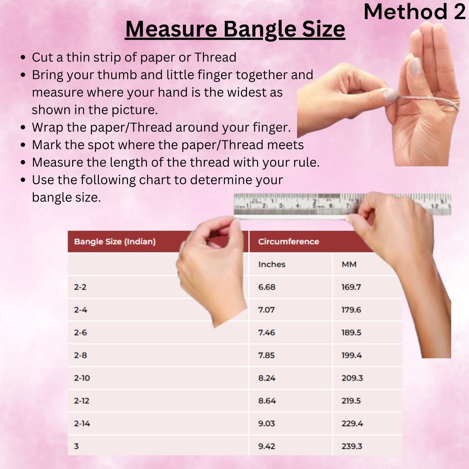 "Step-by-step visual guide illustrating how to measure your wrist to determine the perfect bangle size for a comfortable fit."