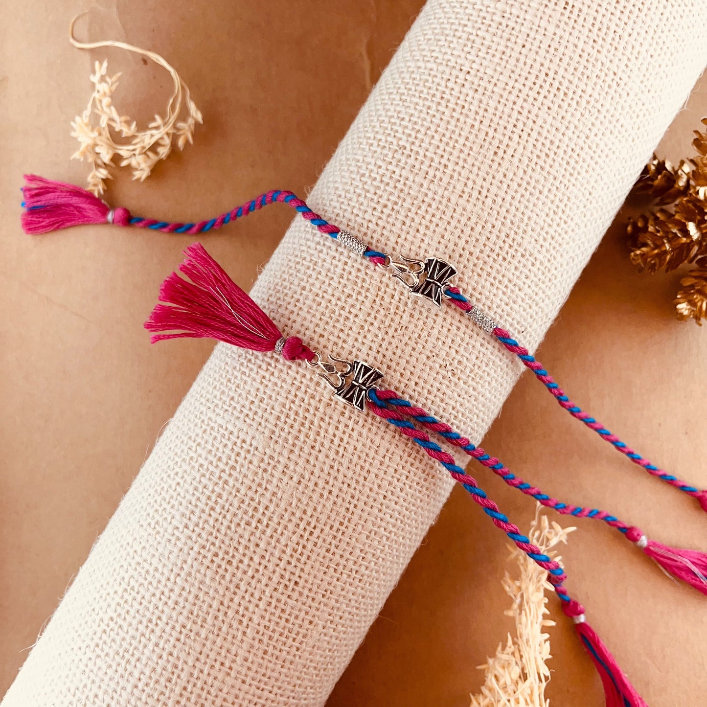 Pure Silver Rakhi & Lumba Bhaiya Bhabhi Rakhi Combo with Silver Motif and Cotton Thread | Rakhi for Bhabhi and Brother | Free Size | Set of 2Pcs | Splendid Trishul