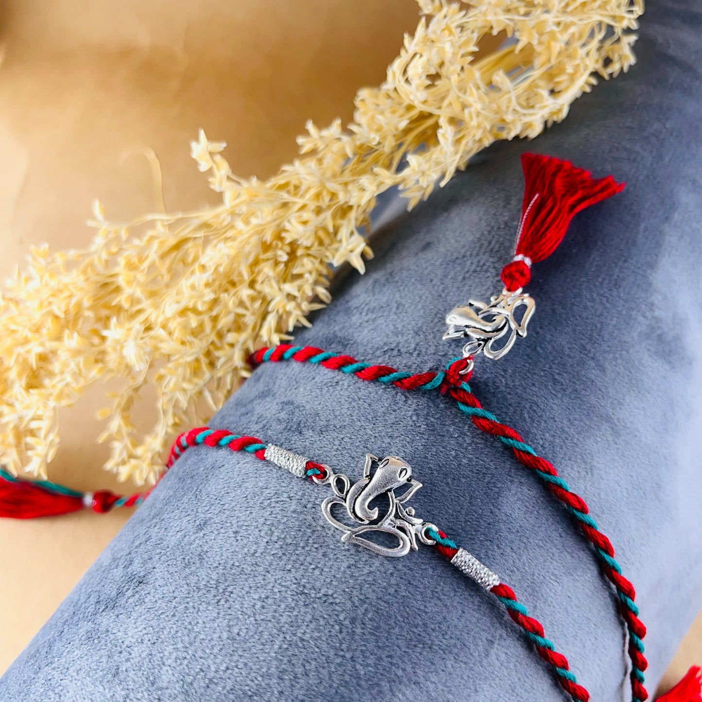 Pure Silver Rakhi & Lumba Bhaiya Bhabhi Rakhi Combo with Silver Motif and Cotton Thread | Rakhi for Bhabhi and Brother | Free Size | Set of 2Pcs | Ganesh Grace