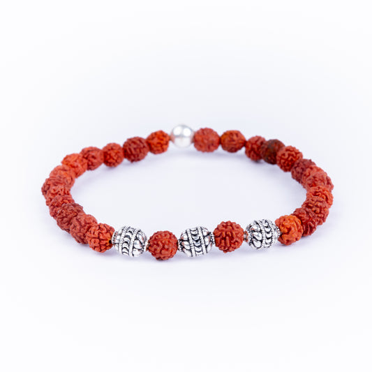 STRECHABLE 925 Silver Rudraksha Rakhi for Brother | Silver Bracelet Rakhi | Original Rudraksha | Design: Retro Beads (HJRKH-EB5)