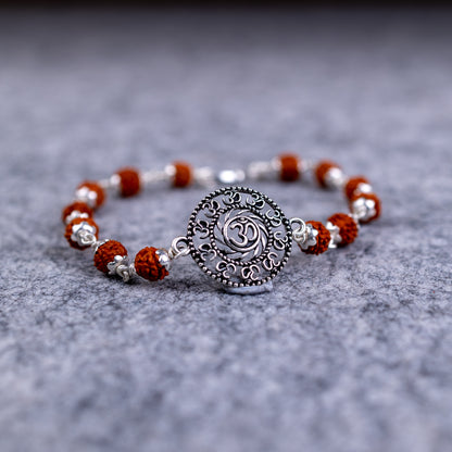 Pure Silver Rudraksha Rakhi for Brother | Silver Rakhi For Brother | Design: Universal Om Chant (HJRKH-93)