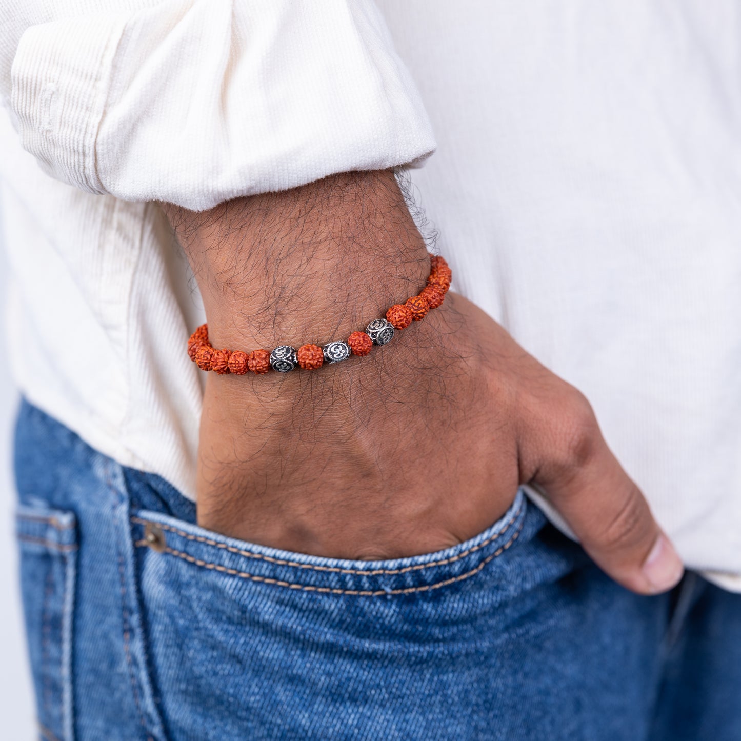 STRECHABLE 925 Silver Rudraksha Rakhi for Brother | Silver Bracelet Rakhi | Original Rudraksha | Design: OMic Chant (HJRKH-EB3)