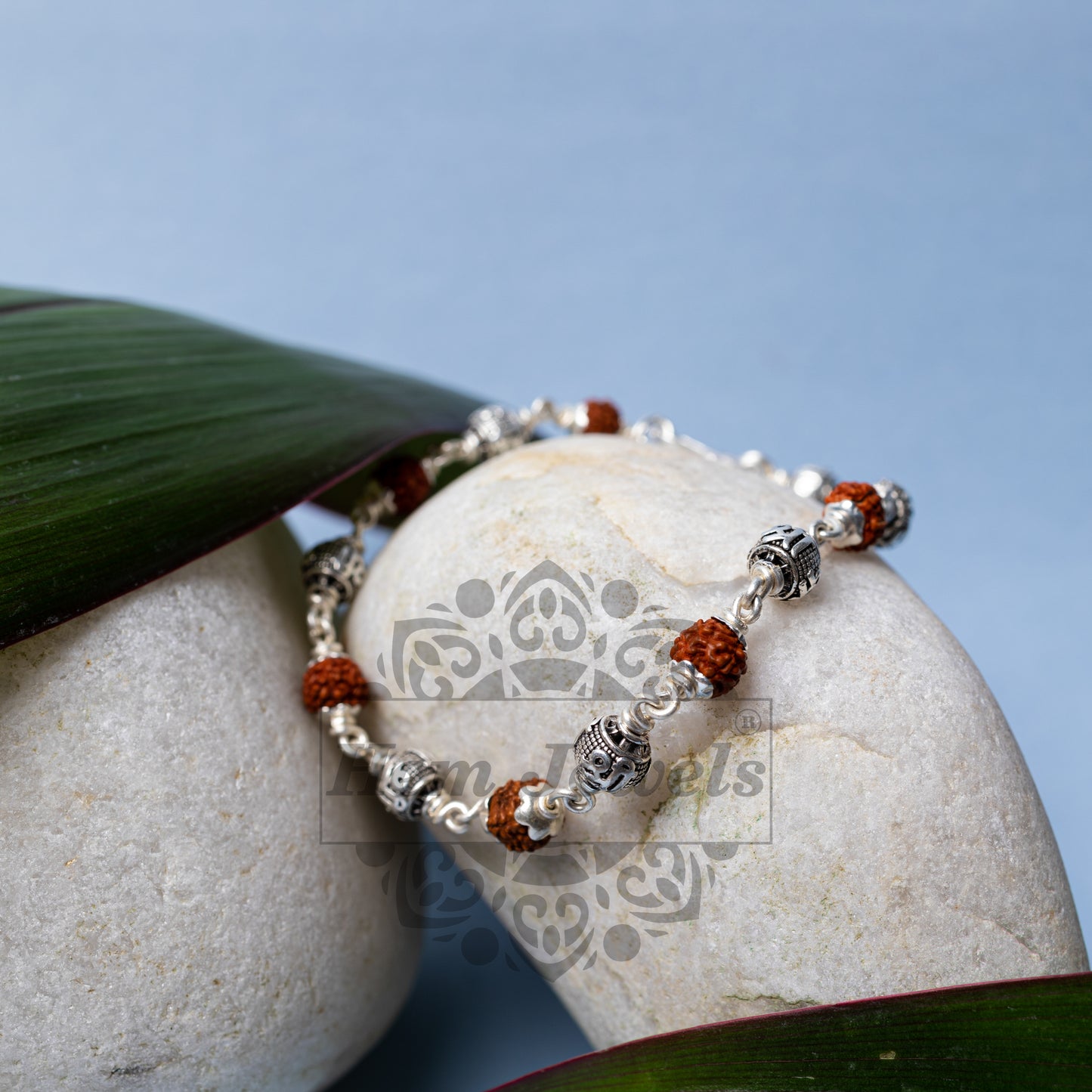 Silver Rudraksha Rakhi with Shree Beads- Close Up