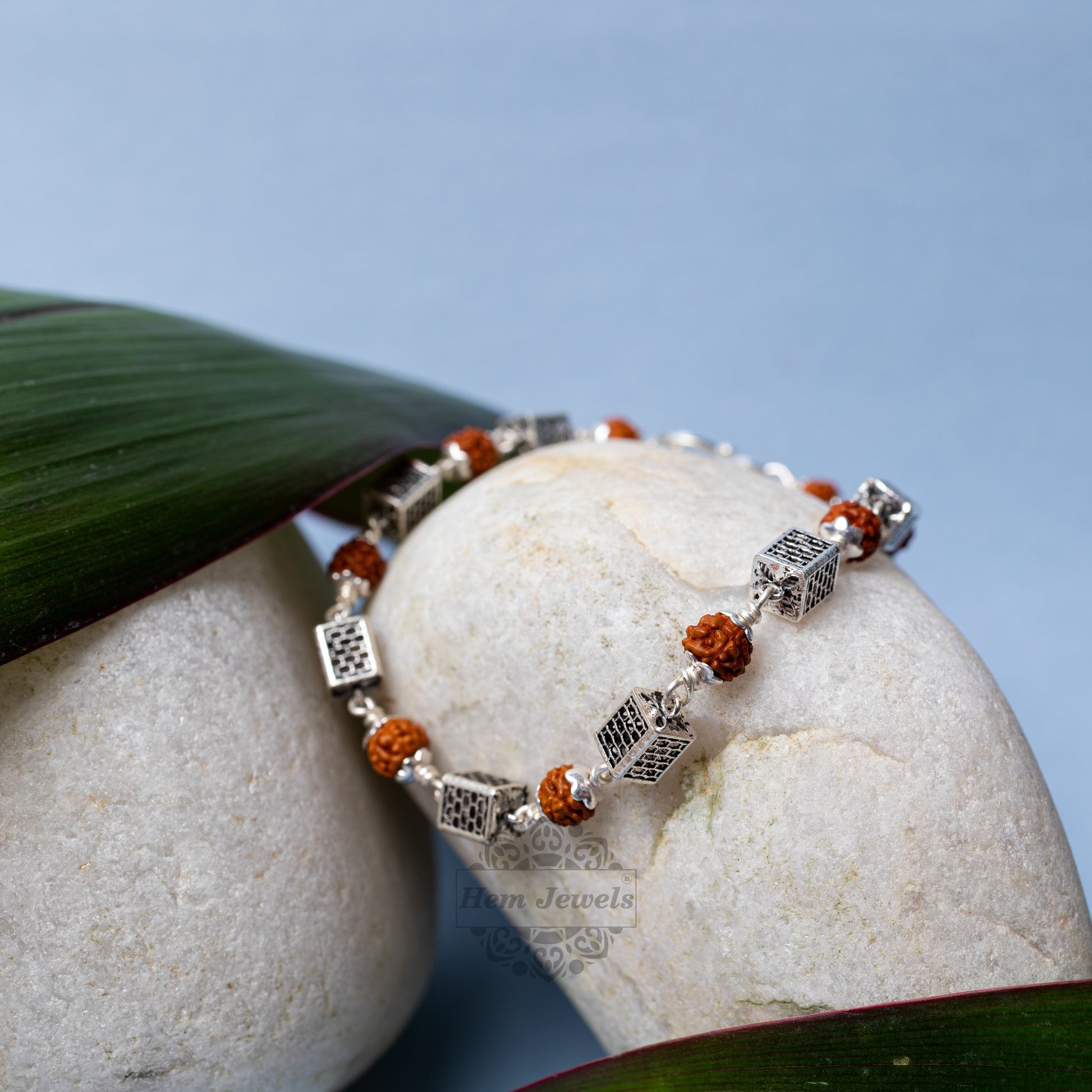 Silver Rudraksha Rakhi with  Cube Beads - Close Up