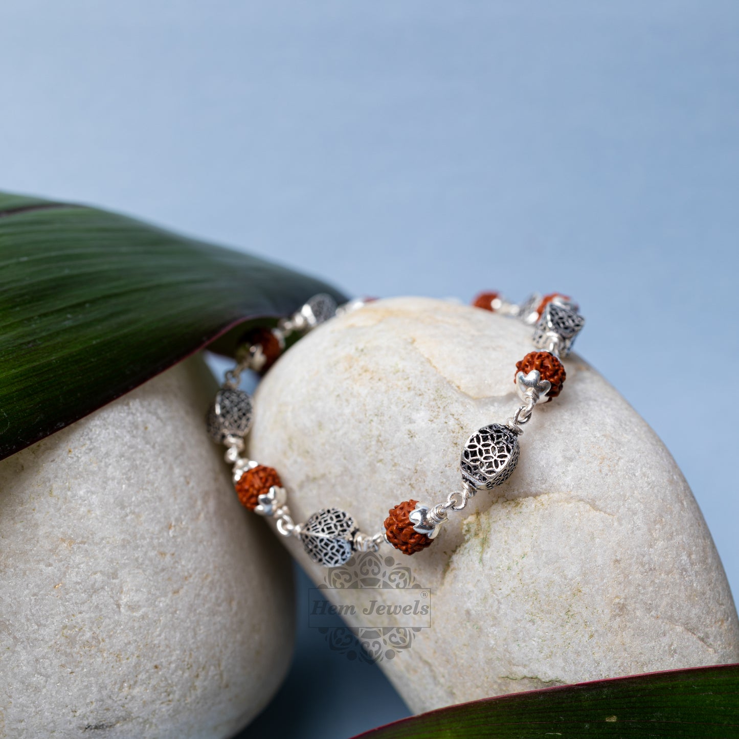 Silver Rudraksha Rakhi with Oxidized Beads- Close Up