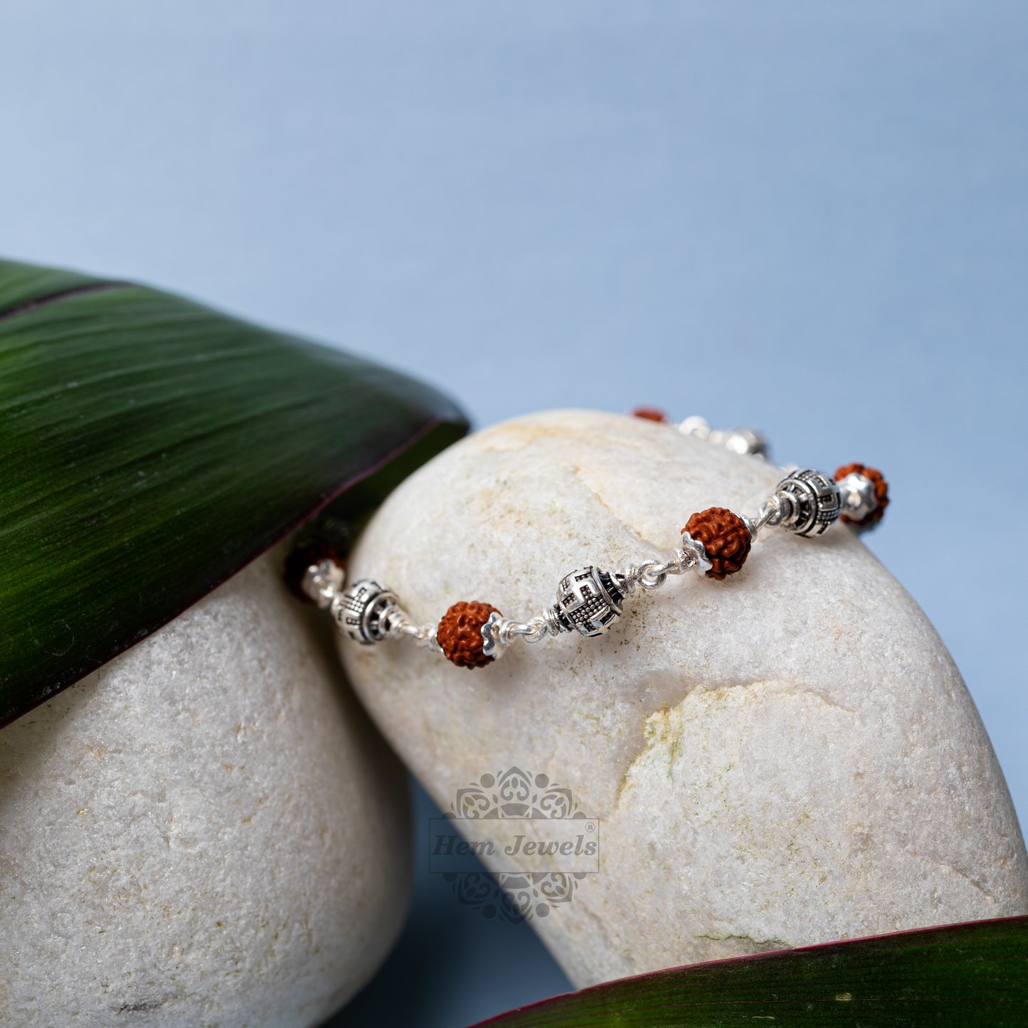 Silver Rudraksha Rakhi with Swastik Beads - Close Up