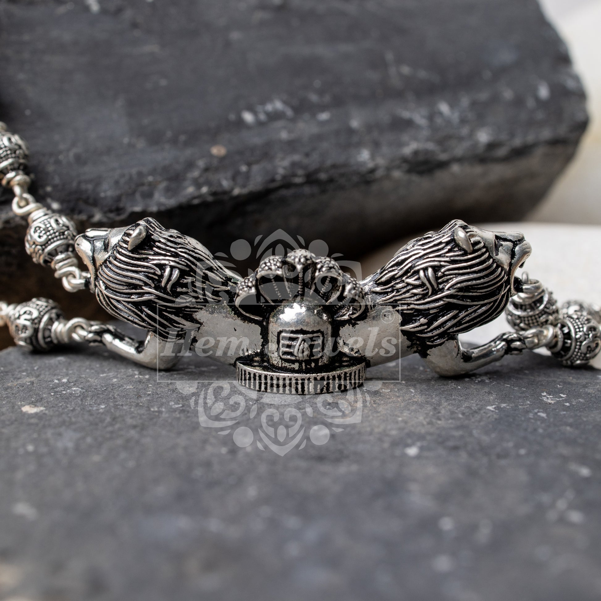 Silver  Rakhi with Shivling with 2 Lions Motif - Top View