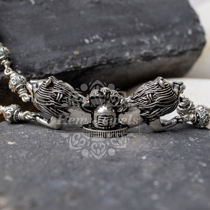 Silver  Rakhi with Shivling with 2 Lions Motif - Top View