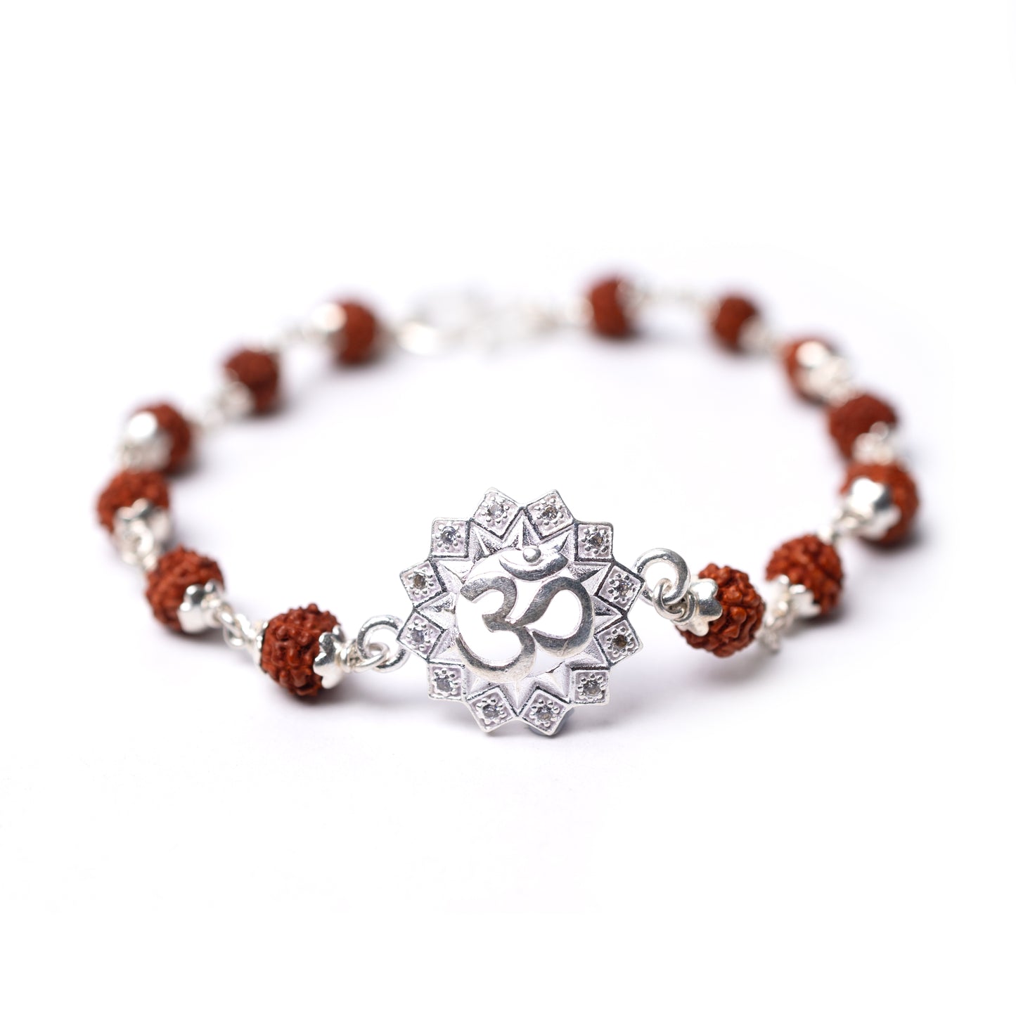 Elegant Silver Rakhi with Diamond Studded OM Motif - White background