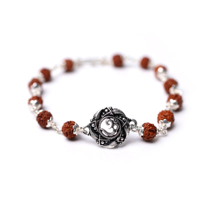 Silver Rudraksha Rakhi with Om in Mandala Motif - White background