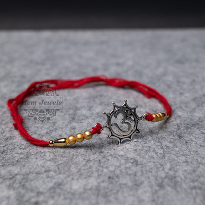 Silver Rudraksha Rakhi with Elegant Om  Motif - Top View with Hanuman Motif - Top View