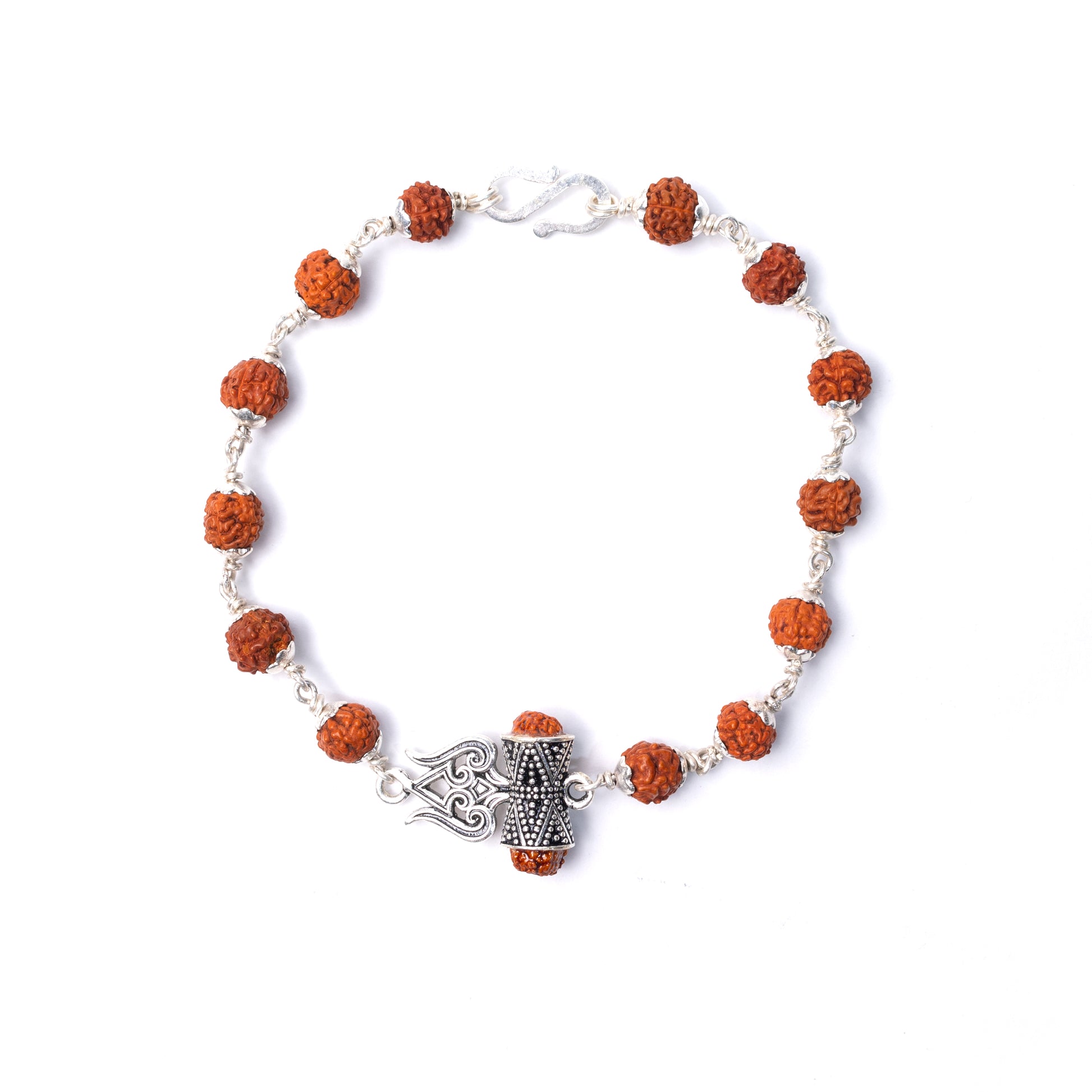 Silver Rudraksha Rakhi with Trishul with Rudraksh Motif - White background