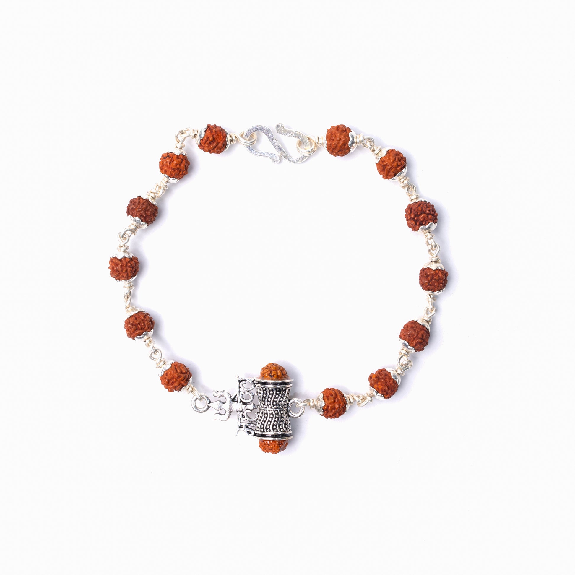 Silver Rudraksha Rakhi with Mahadev Trishu Motif - White background