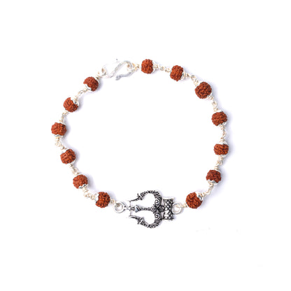 Silver Rudraksha Rakhi with Trishul - Trident  Motif - White background