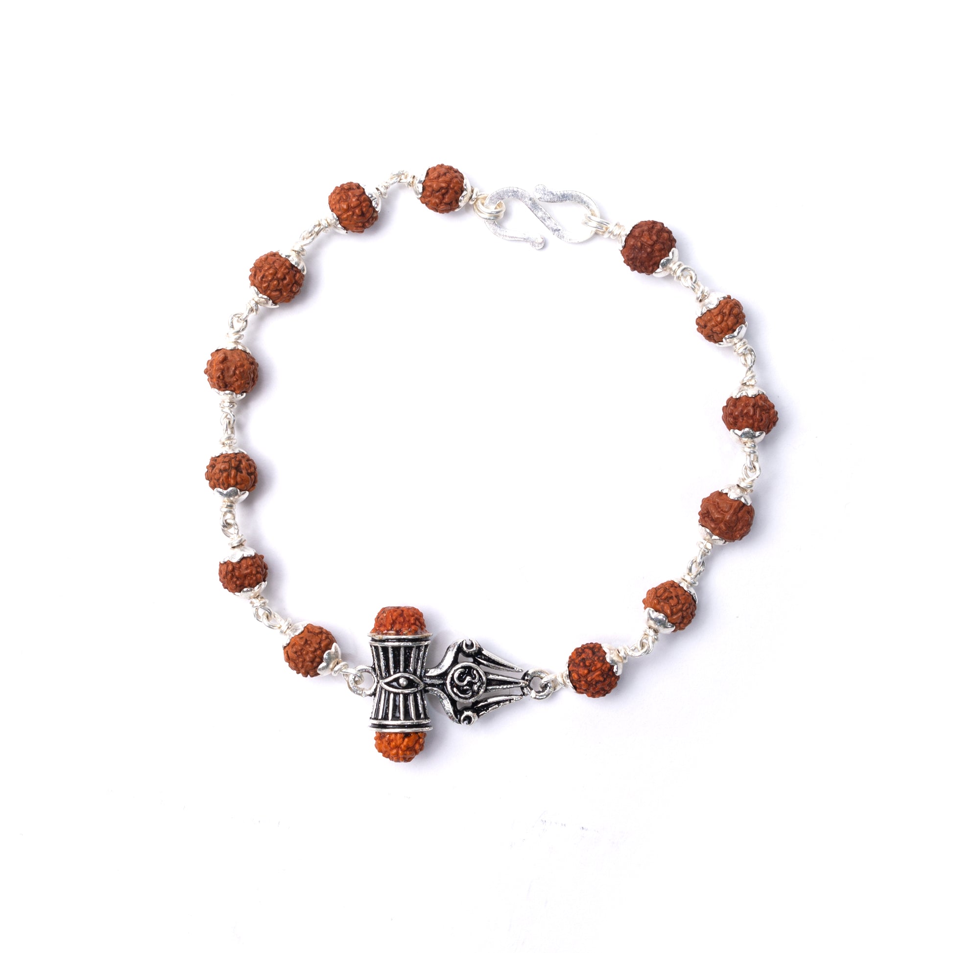 Silver Rudraksha Rakhi with Trishul with 3rd Shiva Eye Motif - White background