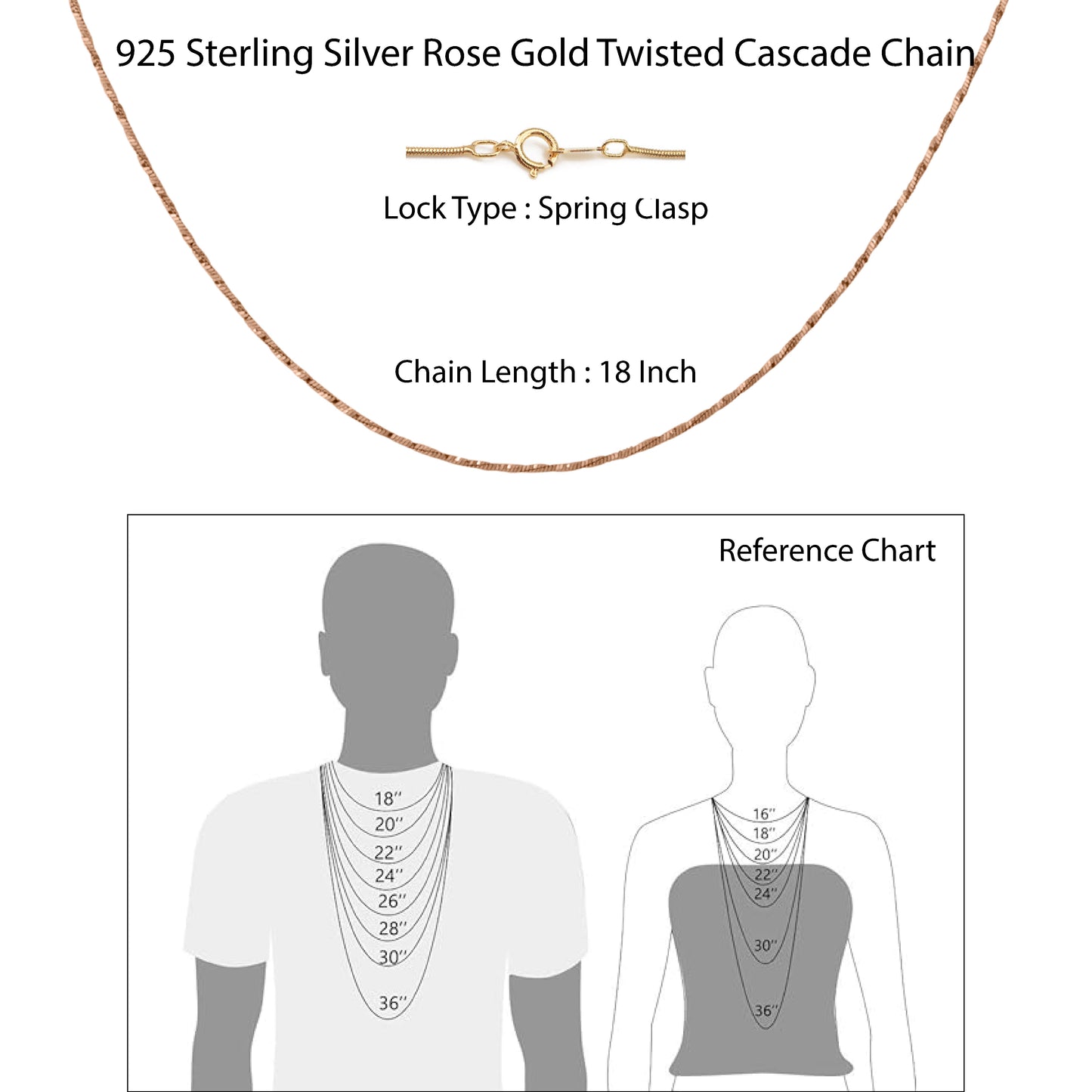 Hem Jewels 925 Sterling Silver Rose Gold Plated Twisted Cascade Chain Necklace With Spring Ring Clasp For Women & Girls (18 Inch)