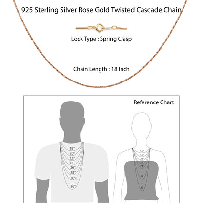 Hem Jewels 925 Sterling Silver Rose Gold Plated Twisted Cascade Chain Necklace With Spring Ring Clasp For Women & Girls (18 Inch)