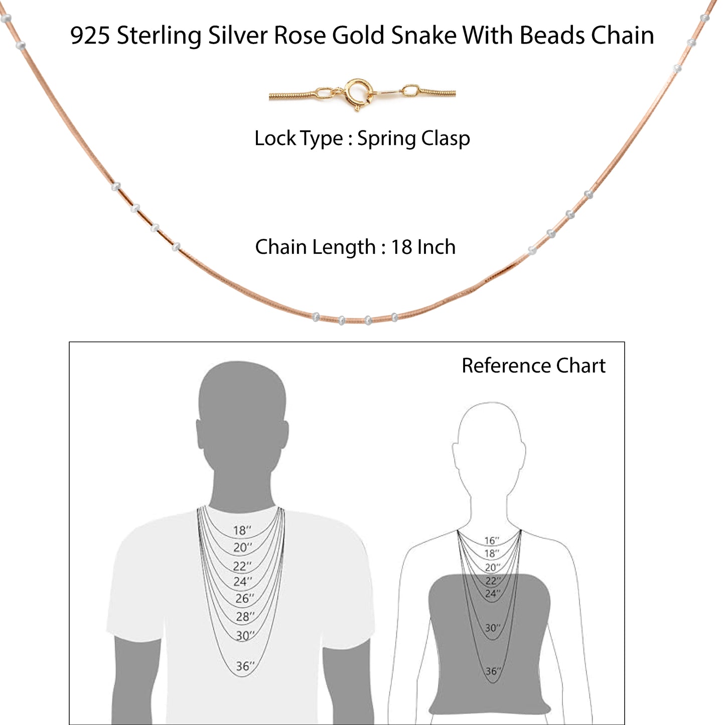 Hem Jewels 925 Sterling Silver Rose Gold Plated Snake Chain With Beads Necklace With Spring Ring Clasp For Women & Girls (18 Inch)