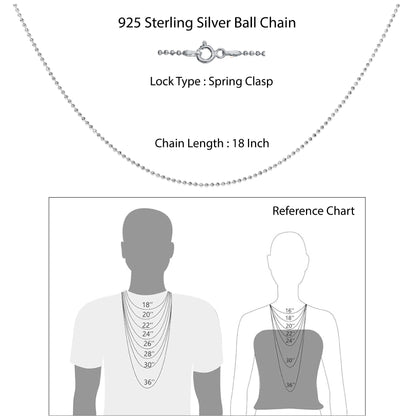 Hem Jewels 925 Sterling Silver Ball Chain Necklace With Spring Ring Clasp For Women & Girls (18 Inch)