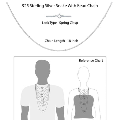 Hem Jewels 925 Sterling Silver Snake Chain With Beads Necklace With Spring Ring Clasp For Women & Girls (18 Inch)