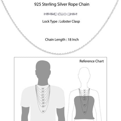 Hem Jewels 925 Sterling Silver Rope Chain Necklace With Lobster Clasp For Women & Girls (18 Inch)