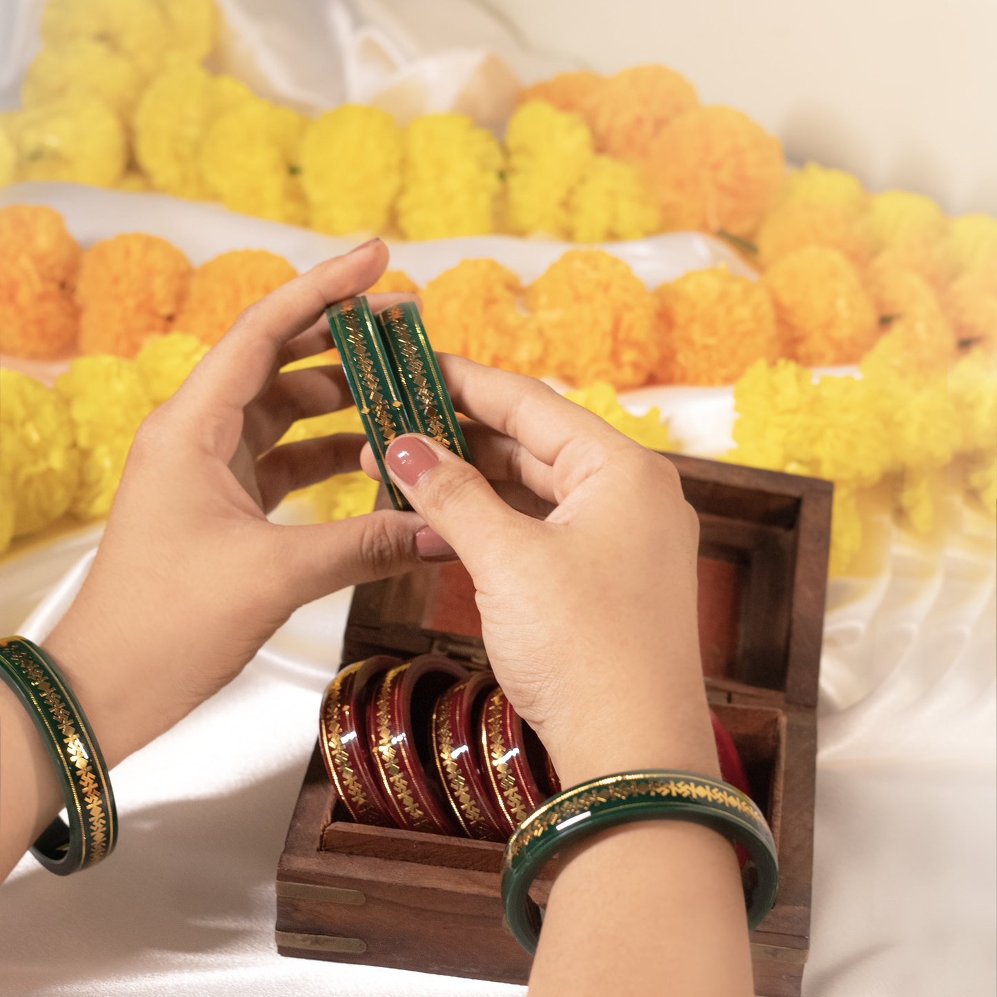 916 Swastik Gold Pola Bangles - Green (Double Gold Strip - Set of 2pcs)