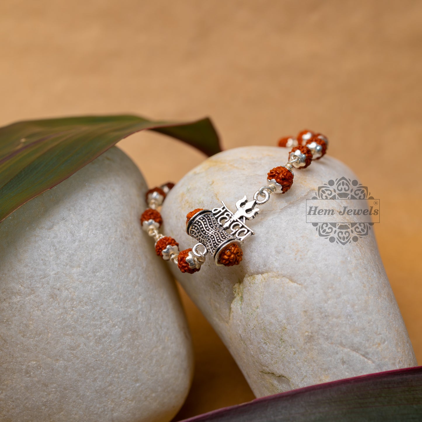 Silver Rudraksha Rakhi with  Mahadev Trishul Motif - Motif Close Up