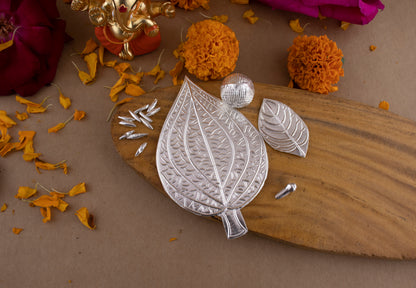 97%-99% Pure Silver Puja Pooja Item Set | Combo of Tulsi Paan (Basil), Pipal Paan, Supari, Laung (Clove) and 11 pcs of Rice (Akshat) for Puja, Gift and Mandir | Silver, Set of 5 Items