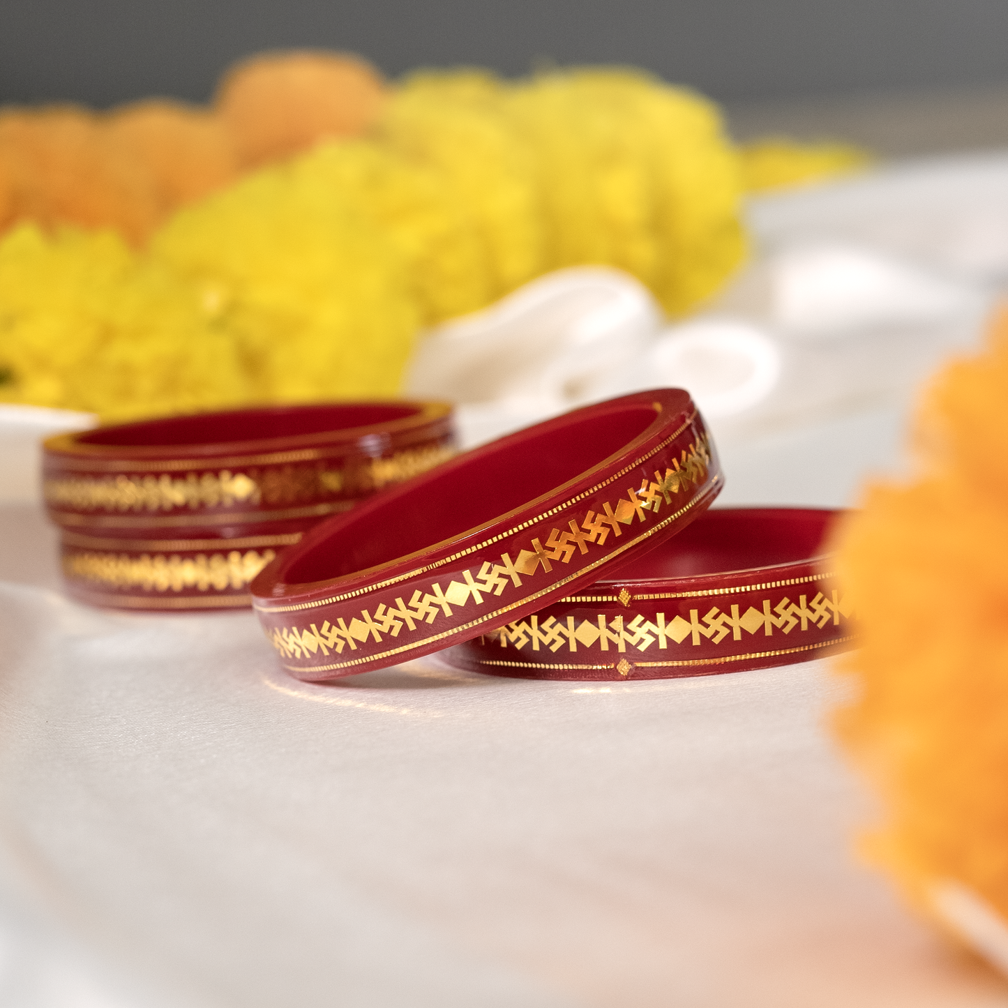 916 Swastik Gold Pola Bangles - Red (Double Gold Strip))