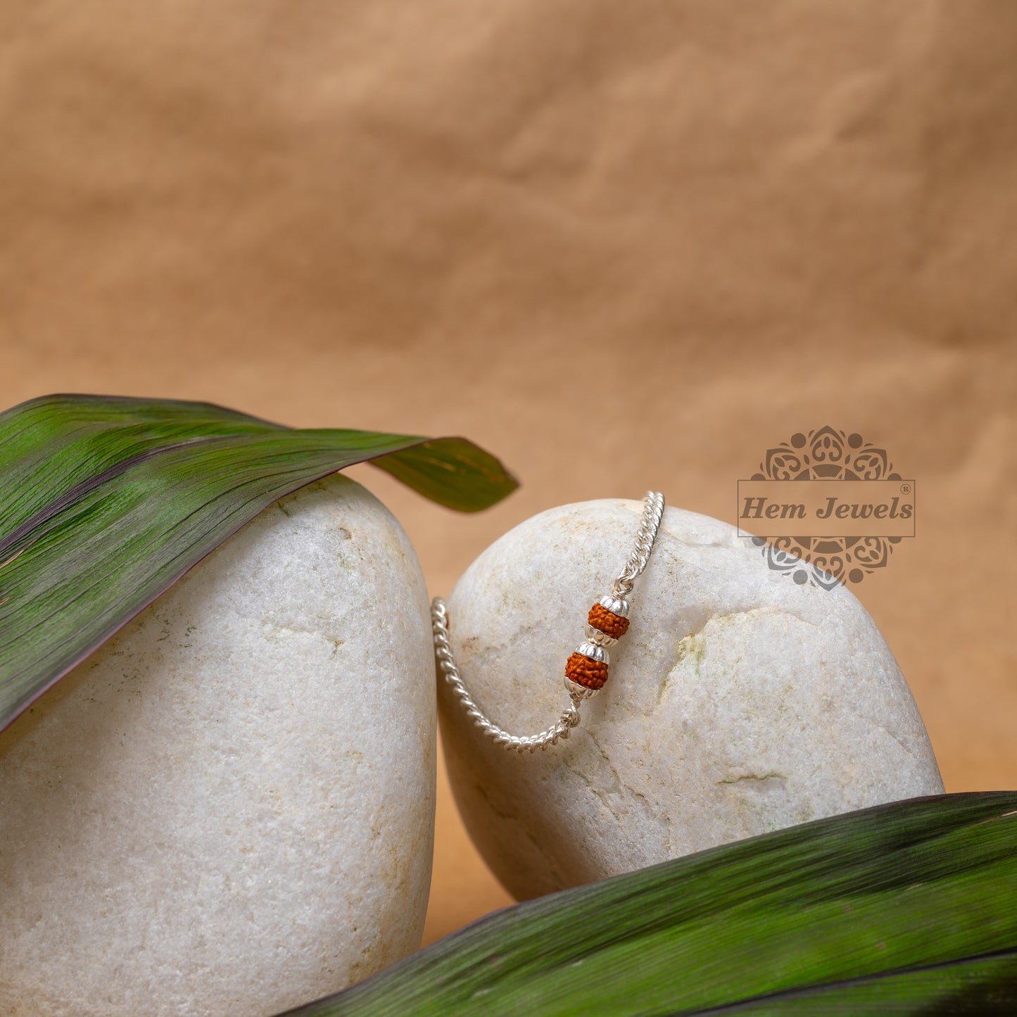 Silver Rakhi with  2 Silver Capped Rudraksh - Motif Close Up