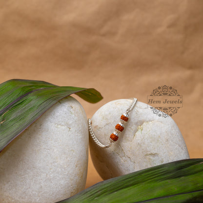 Silver  Rakhi with 3 Silver Capped Rudraksh Motif - Motif Close Up