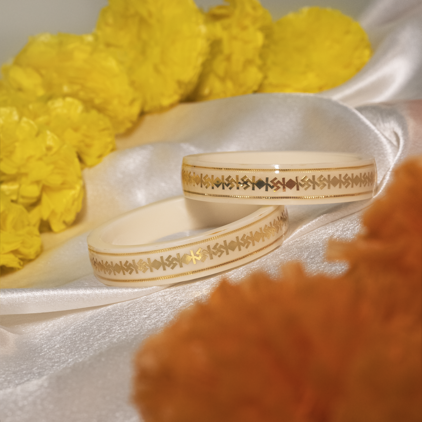 916 Swastik Gold Pola Bangles - White (Double Gold Strip - Set of 2pcs)